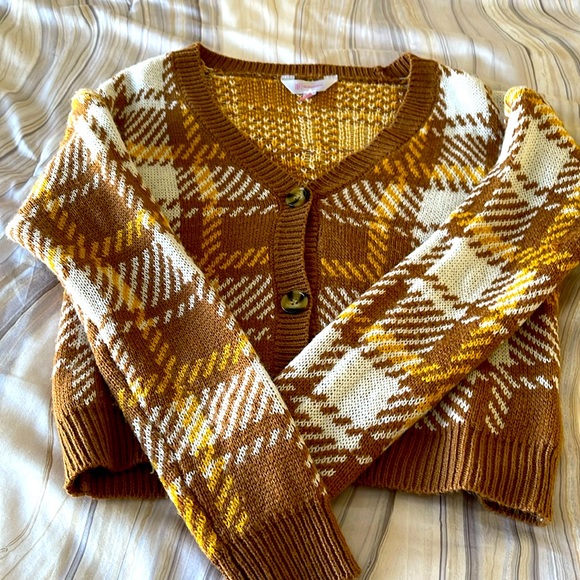 Mustard yellow and brown checkered cardigan. - Picture 1 of 4